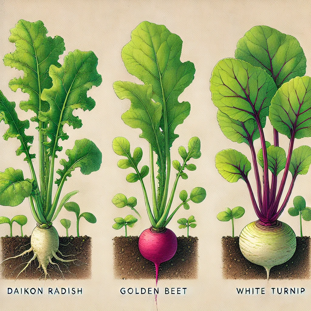 Rábano daikon, Remolacha dorada, Nabo blanco